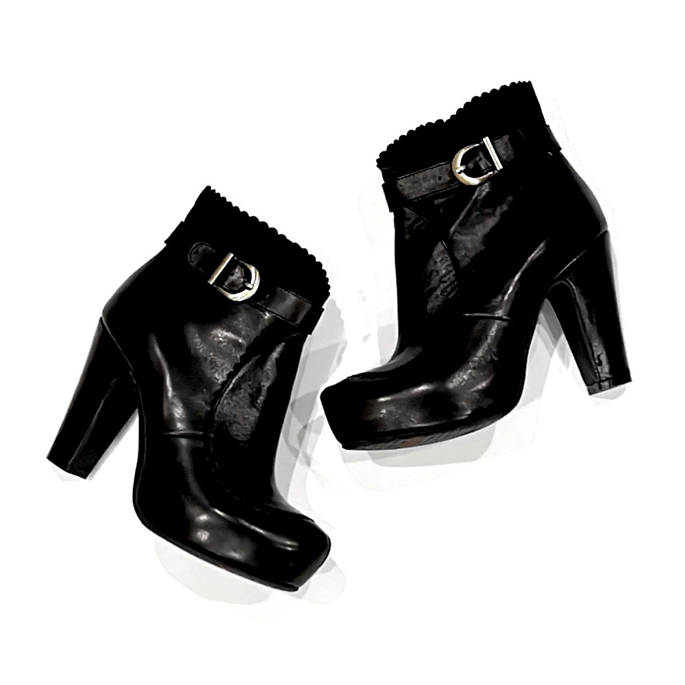 Miz Mooz Liv Black Leather Suede Buckle Platform Heeled Ankle Boots
